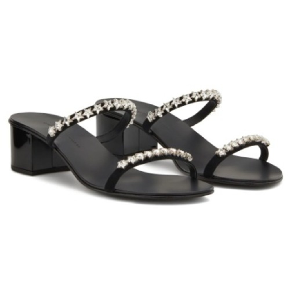 Giuseppe Zanotti Black Suede Star Crystal Embellished Sandals Block Heel 8.5